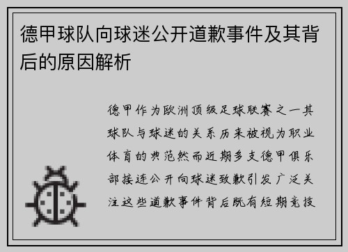 德甲球队向球迷公开道歉事件及其背后的原因解析